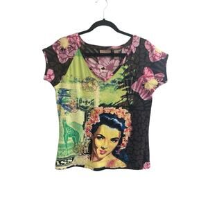 i. E. Relaxed Women’s Large Aloha Graphic Top Beaded Y2K 90s Tropical #4763